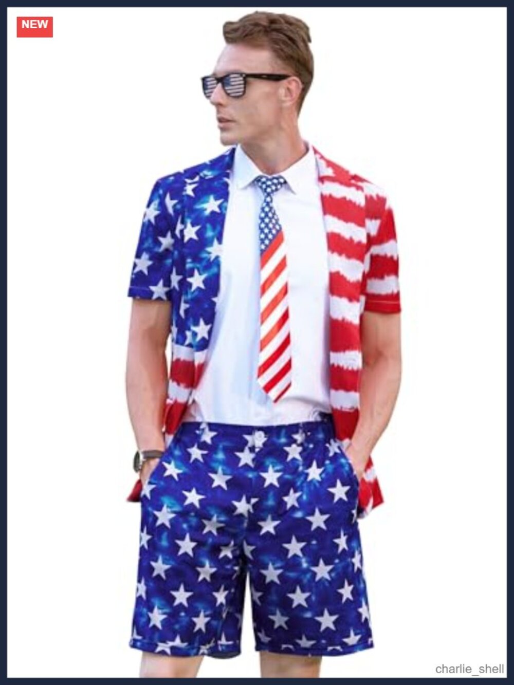 Patriotic 3 Piece Suit Set Blazer Shorts Tie July 4th Casual Party
